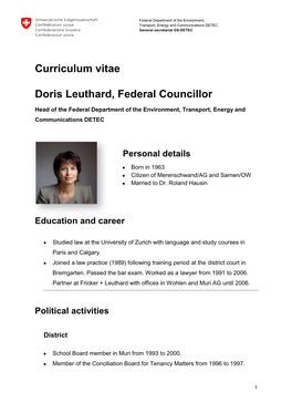 Curriculum Vitae Doris Leuthard, Federal Councillor