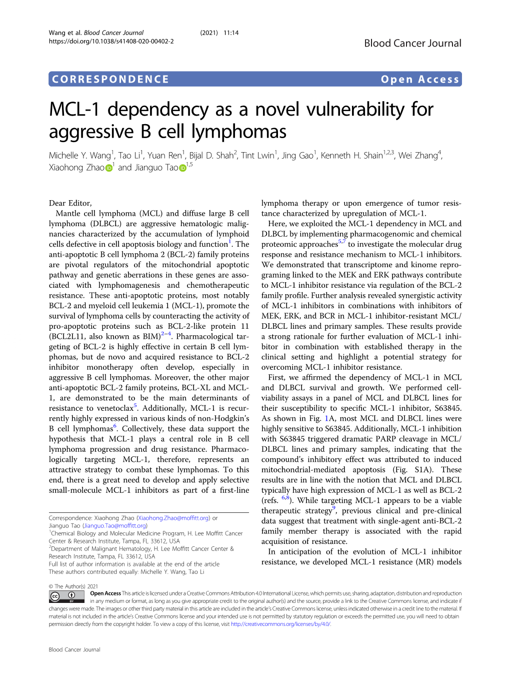 MCL-1 Dependency As a Novel Vulnerability for Aggressive B Cell Lymphomas Michelle Y