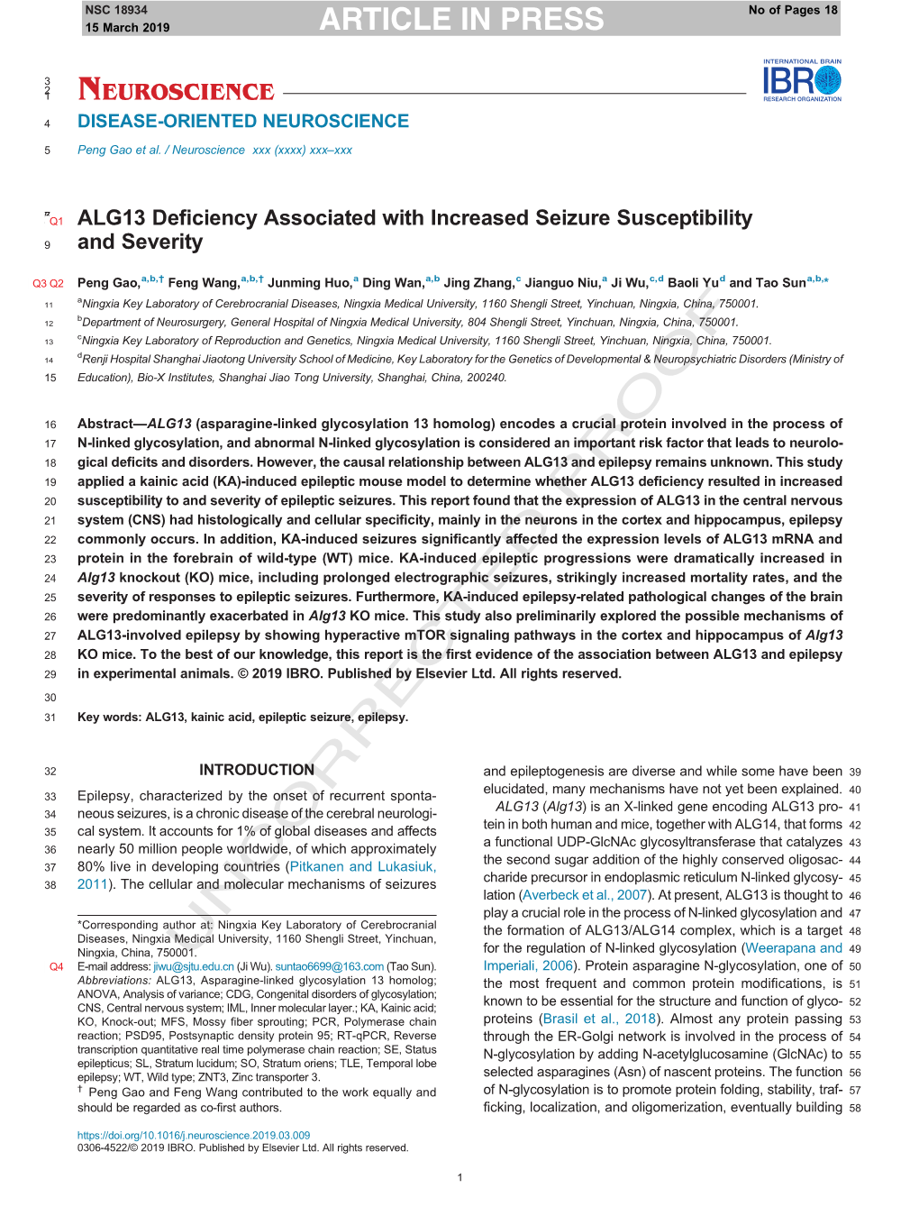 ALG13 Deficiency Associated with Increased Seizure Susceptibility