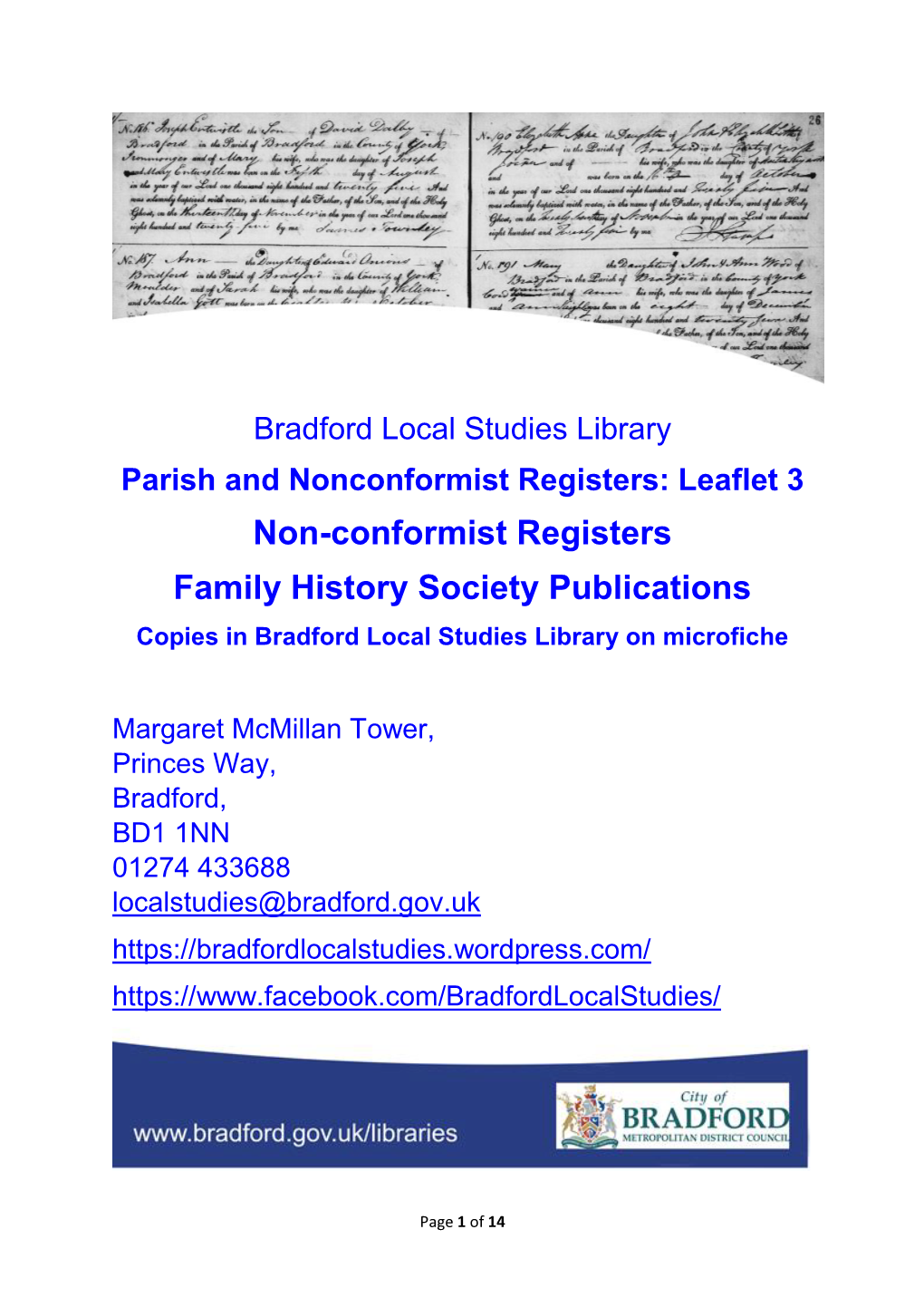 Non-Conformist Registers Family History Society Publications Copies in Bradford Local Studies Library on Microfiche