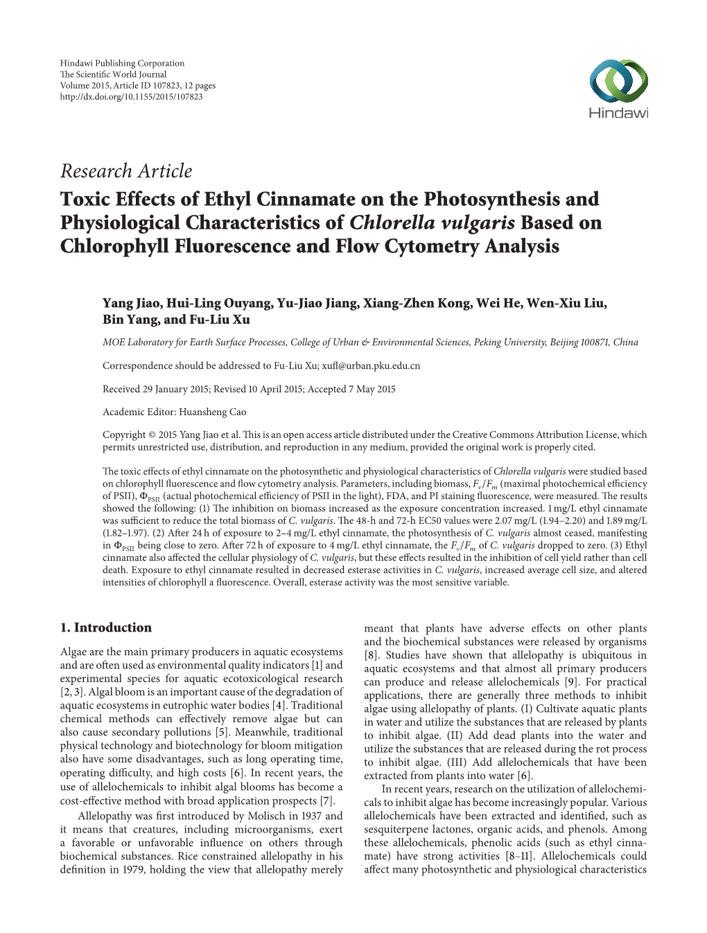 Research Article Toxic Effects of Ethyl Cinnamate on the Photosynthesis