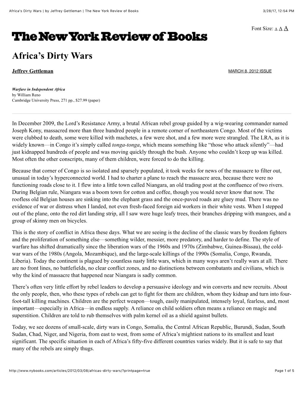 Africa's Dirty Wars | by Jeffrey Gettleman | the New York Review of Books 3/28/17, 12)54 PM