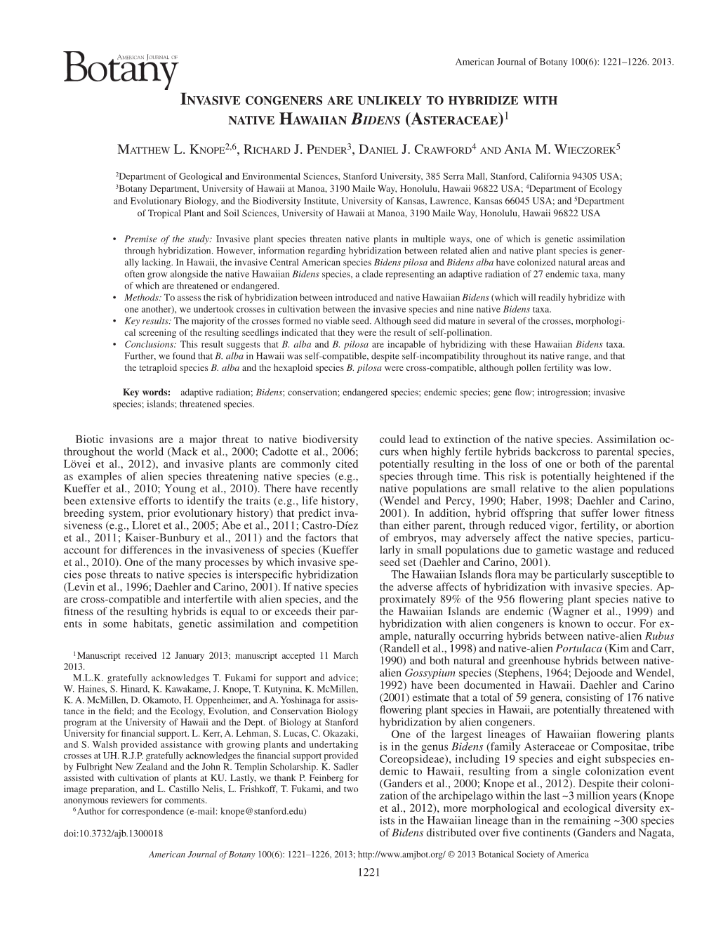 Invasive Congeners Are Unlikely to Hybridize with Native Hawaiian Bidens