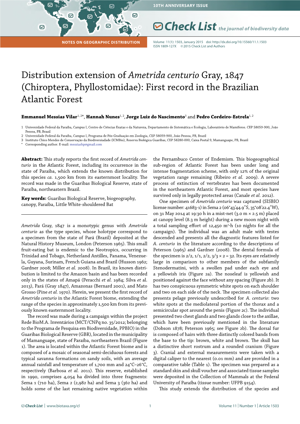 (Chiroptera, Phyllostomidae): First Record in the Brazilian Atlantic Forest