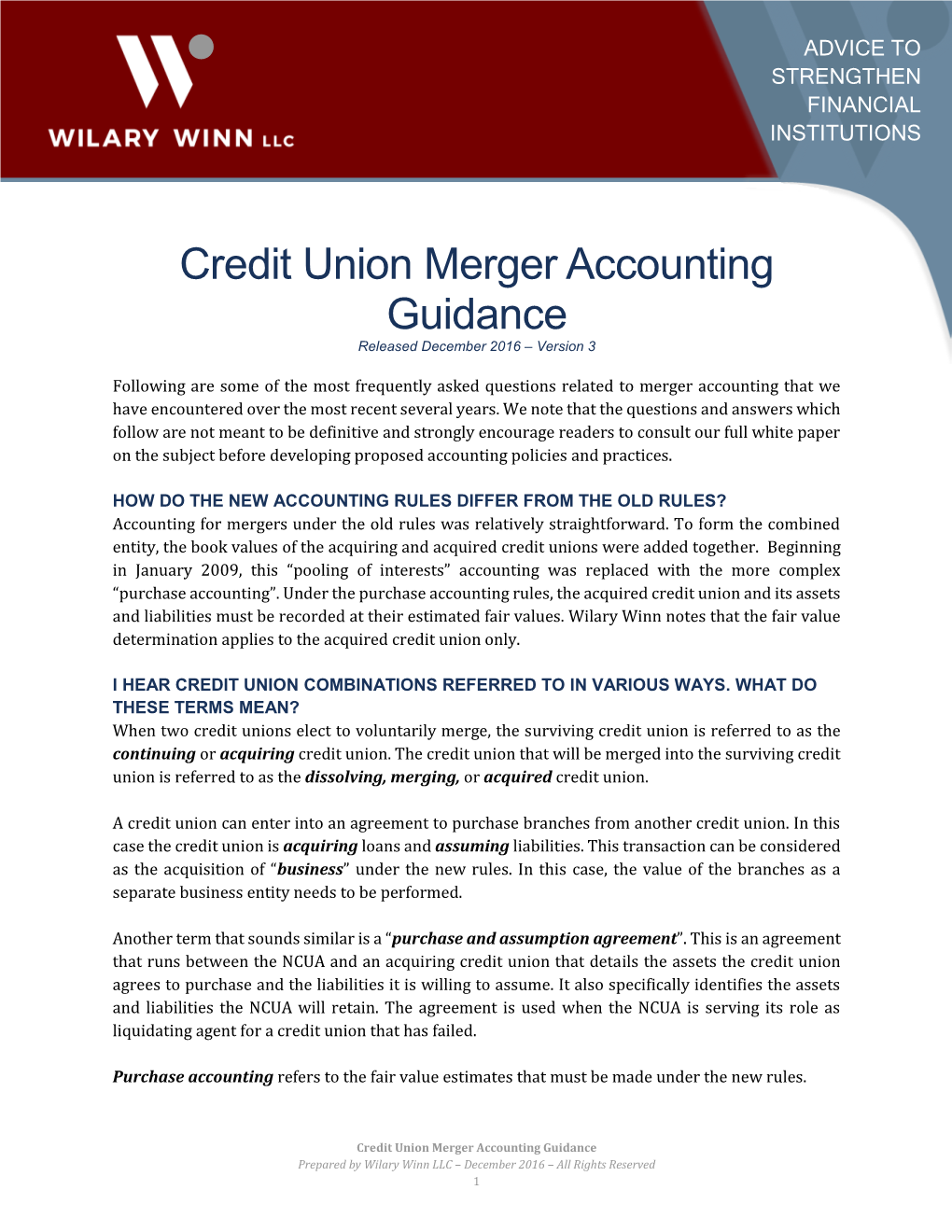 Credit Union Merger Accounting Guidance Released December 2016 – Version 3