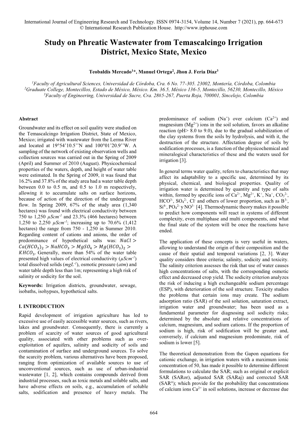 Study on Phreatic Wastewater from Temascalcingo Irrigation District, Mexico State, Mexico