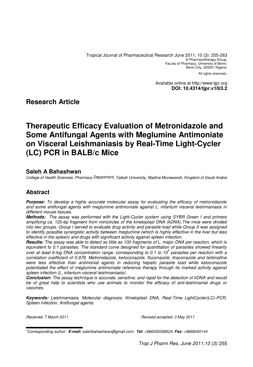 Therapeutic Efficacy Evaluation of Metronidazole and Some Antifungal