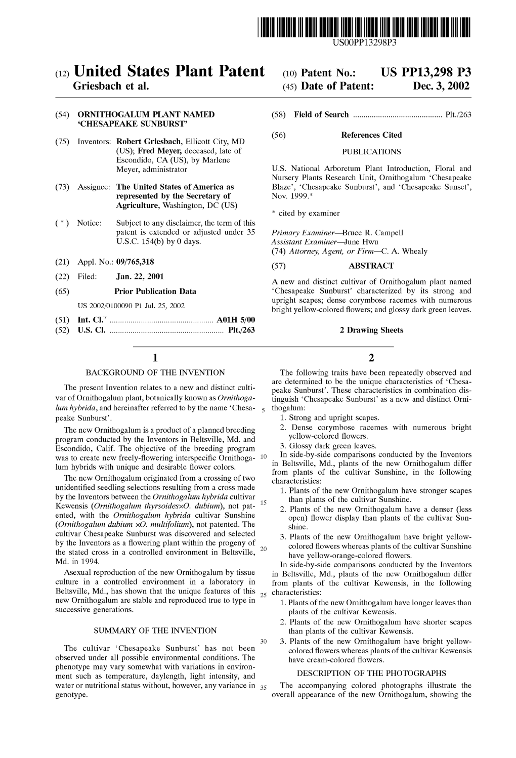(12) United States Plant Patent (10) Patent No.: US PP13,298 P3 Griesbach Et Al