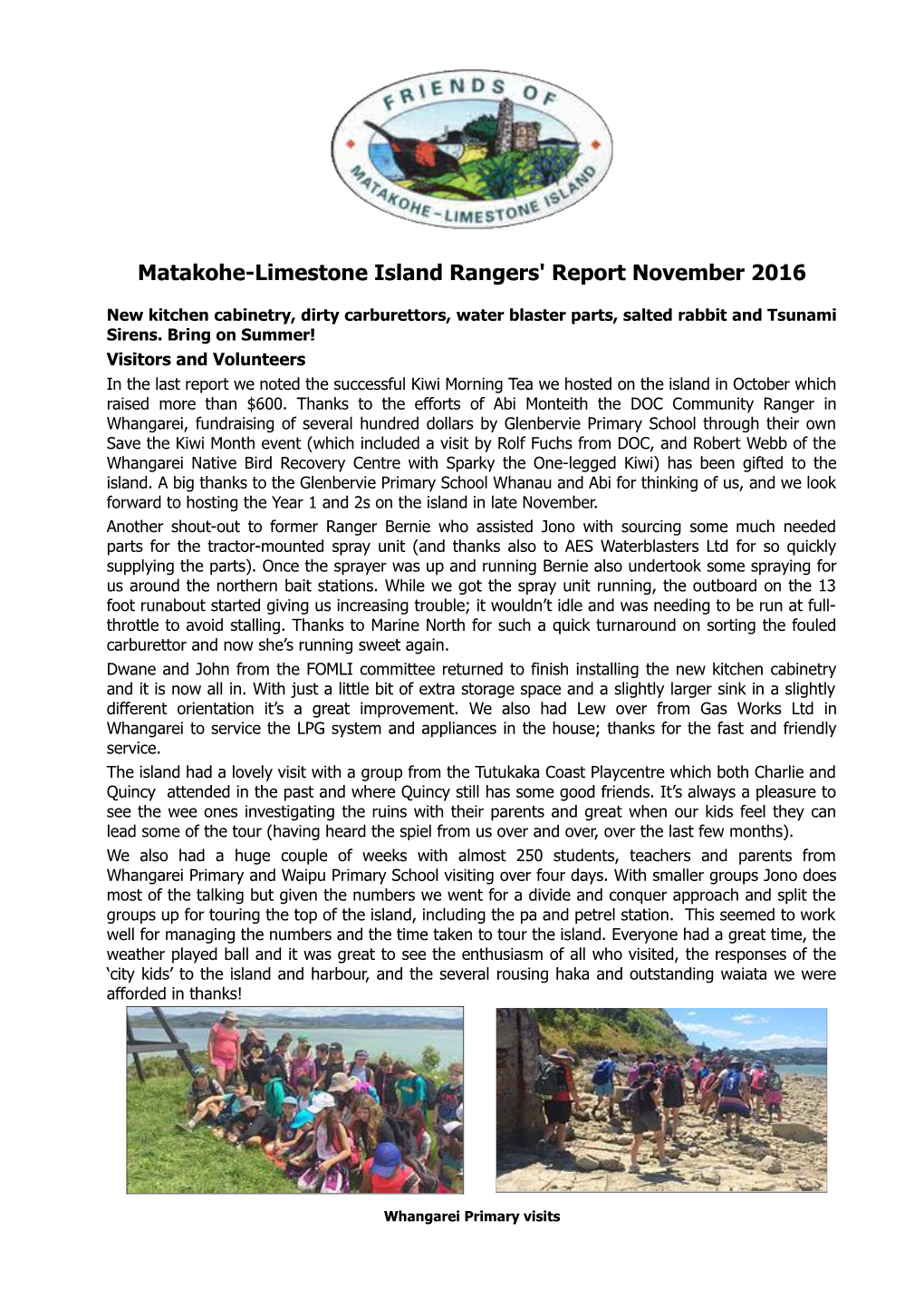 Matakohe-Limestone Island Rangers' Report November 2016