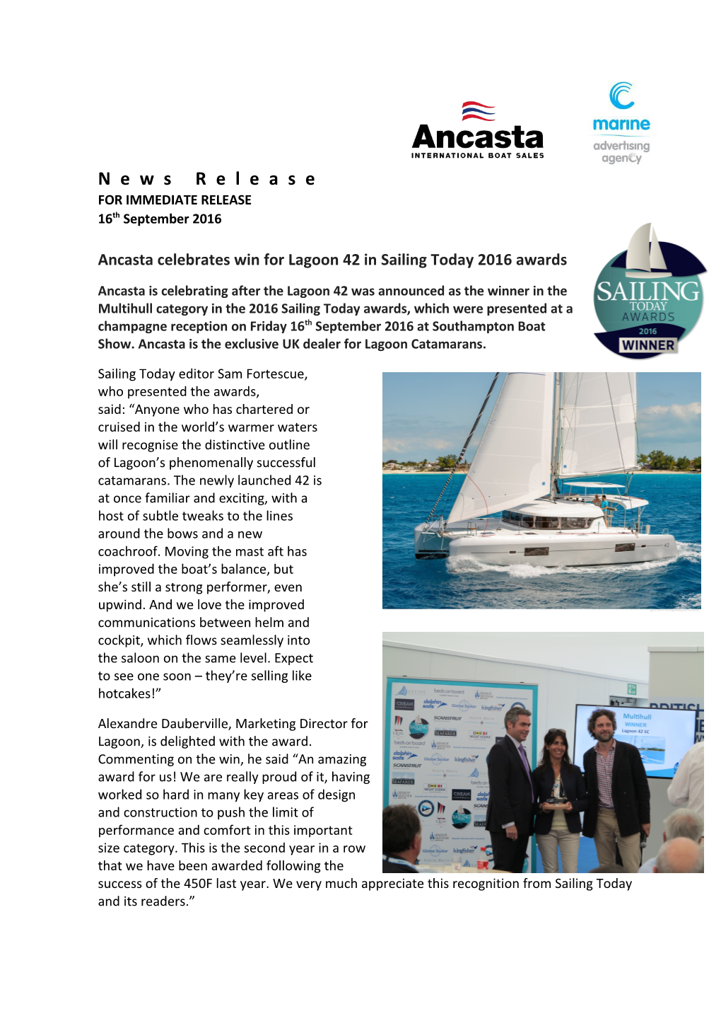 Ancasta Celebrates Win for Lagoon 42 in Sailing Today 2016 Awards