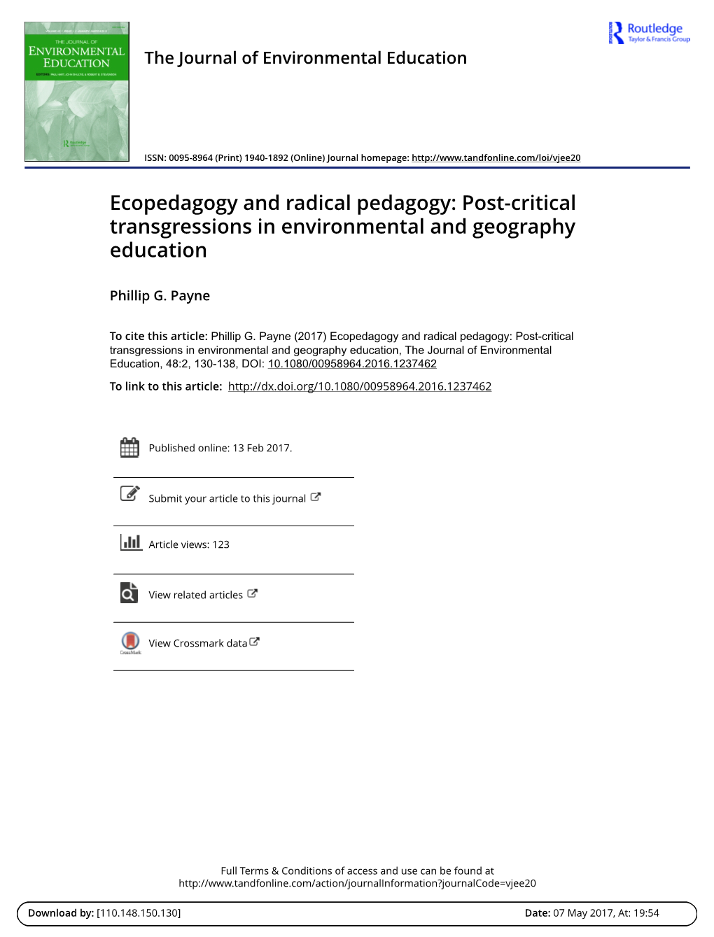 Ecopedagogy and Radical Pedagogy: Post-Critical Transgressions in Environmental and Geography Education