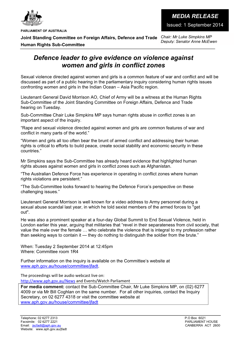 Defence Leader to Give Evidence on Violence Against Women and Girls in Conflict Zones