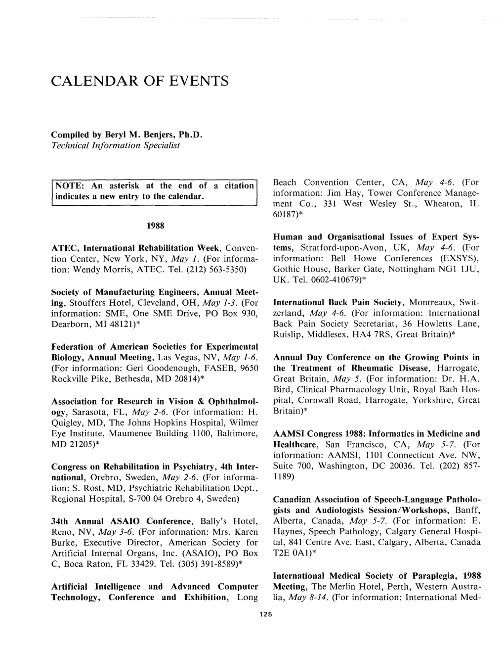 Calendar of Events