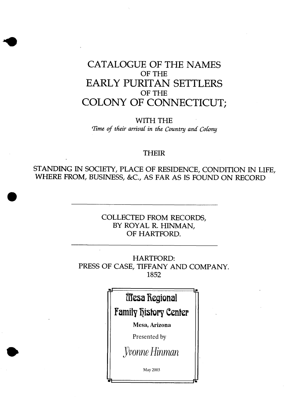 Catalog Puritan Settlers of Connecticut
