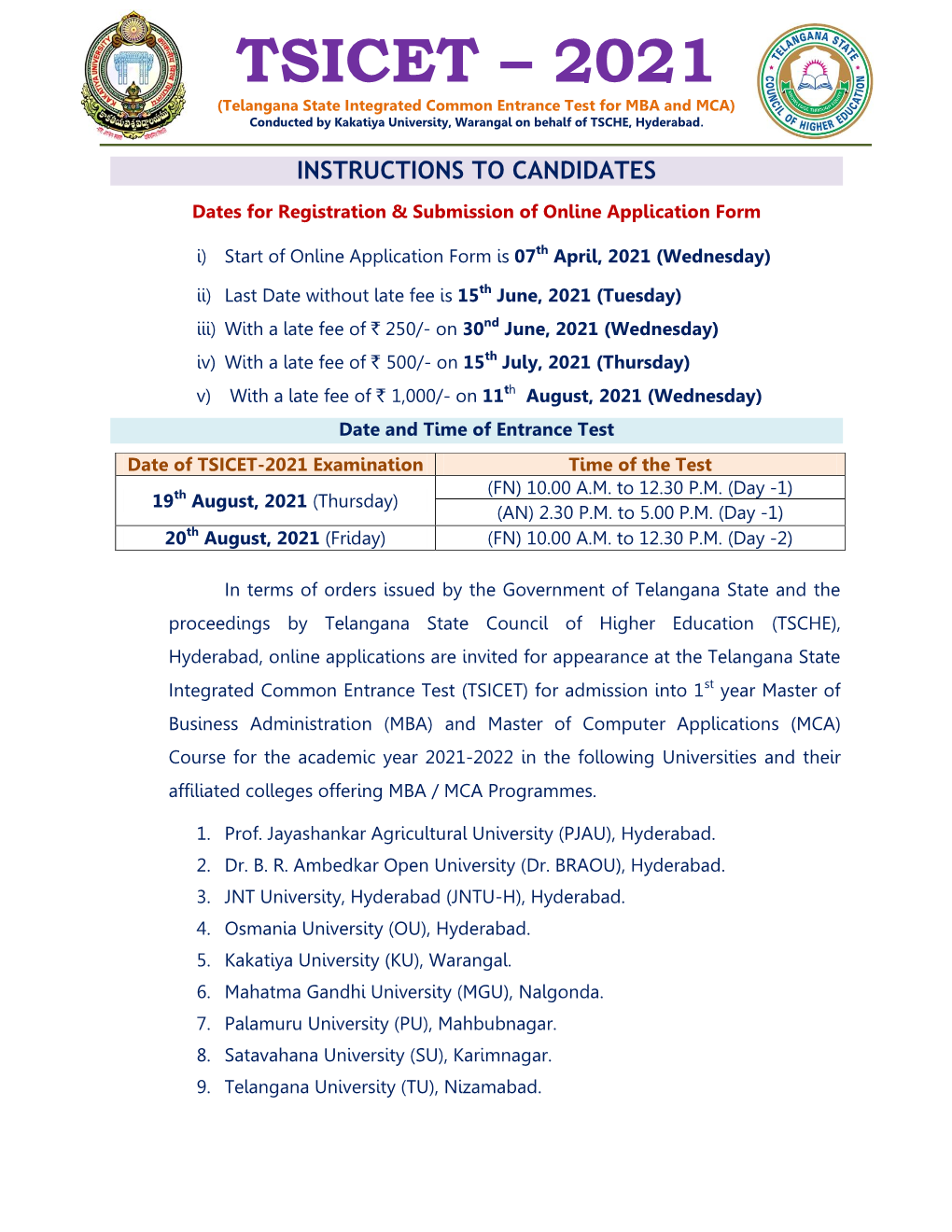 TSICET – 2021 (Telangana State Integrated Common Entrance Test for MBA and MCA) Conducted by Kakatiya University, Warangal on Behalf of TSCHE, Hyderabad