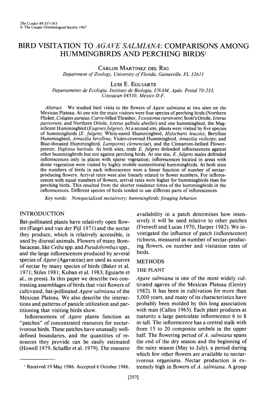 Bird Visitation to Agave Salmiana; Comparisons Among