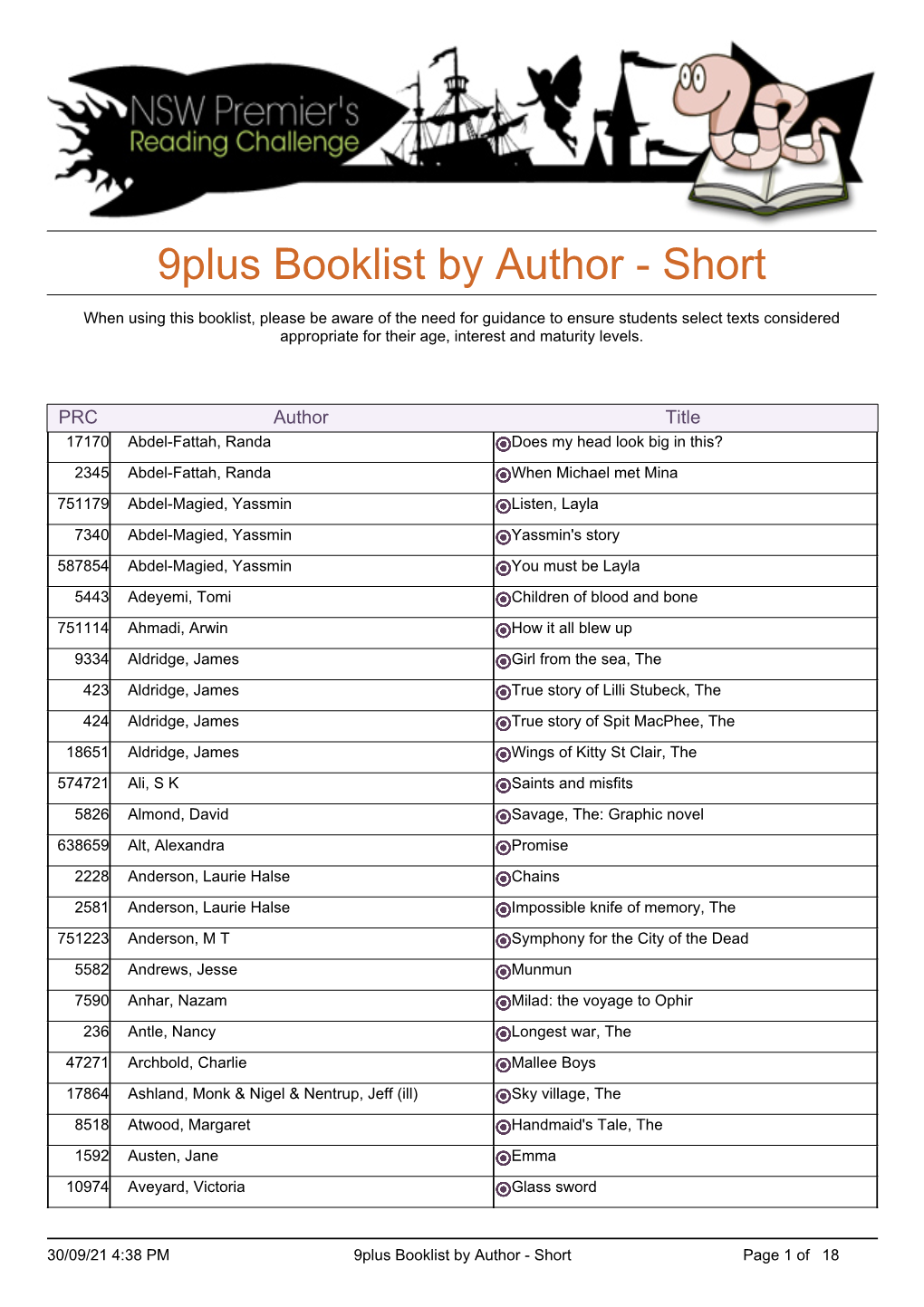 9Plus Booklist by Author - Short