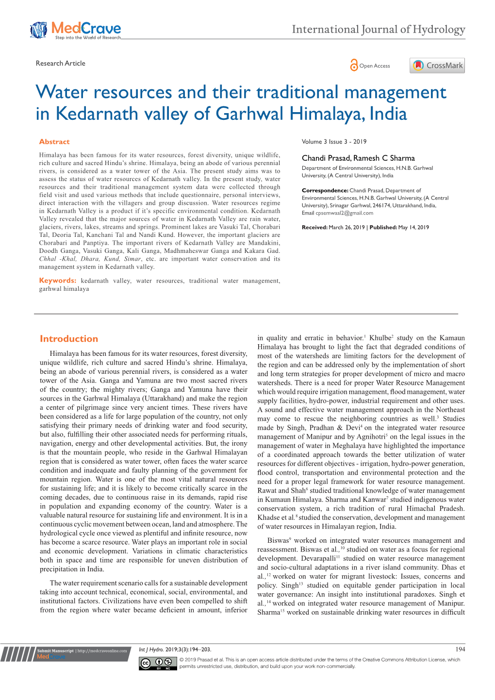 Water Resources and Their Traditional Management in Kedarnath Valley of Garhwal Himalaya, India