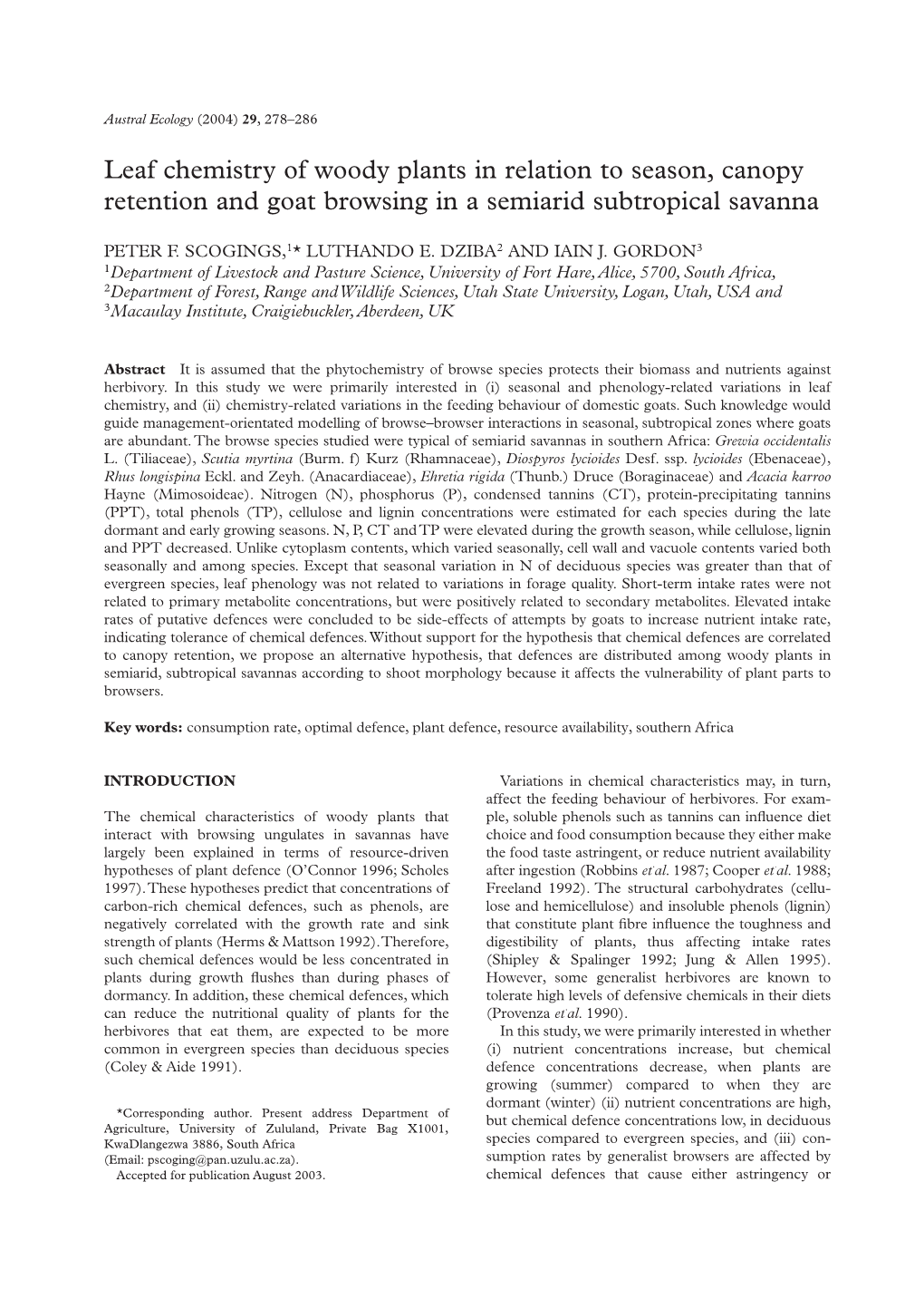 Leaf Chemistry of Woody Plants in Relation to Season, Canopy Retention and Goat Browsing in a Semiarid Subtropical Savanna