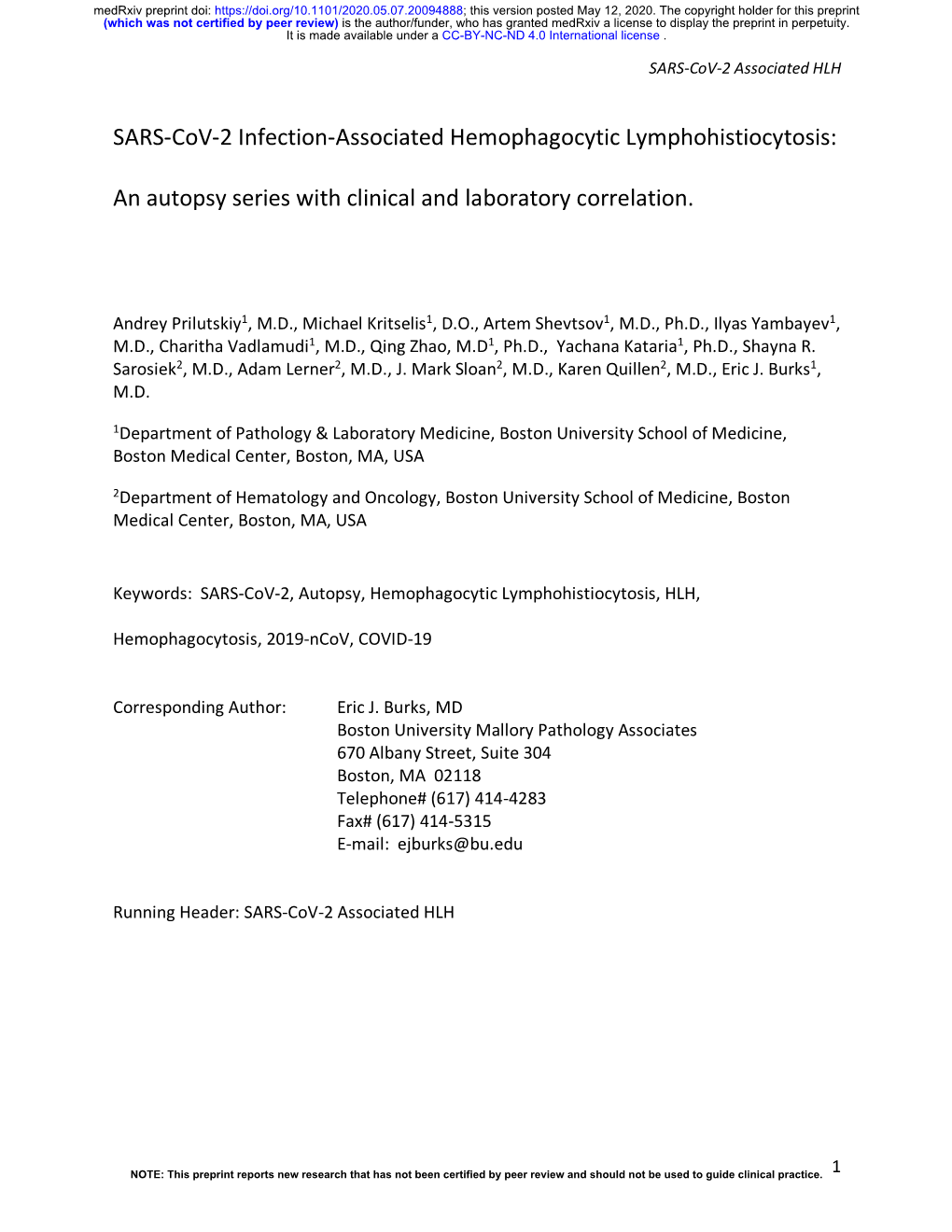 SARS-Cov-2 Infection-Associated Hemophagocytic Lymphohistiocytosis