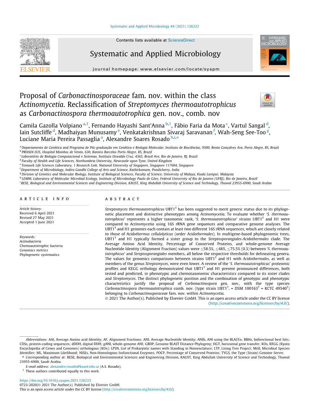 Proposal of Carbonactinosporaceae Fam. Nov. Within the Class Actinomycetia. Reclassification of Streptomyces Thermoautotrophicus