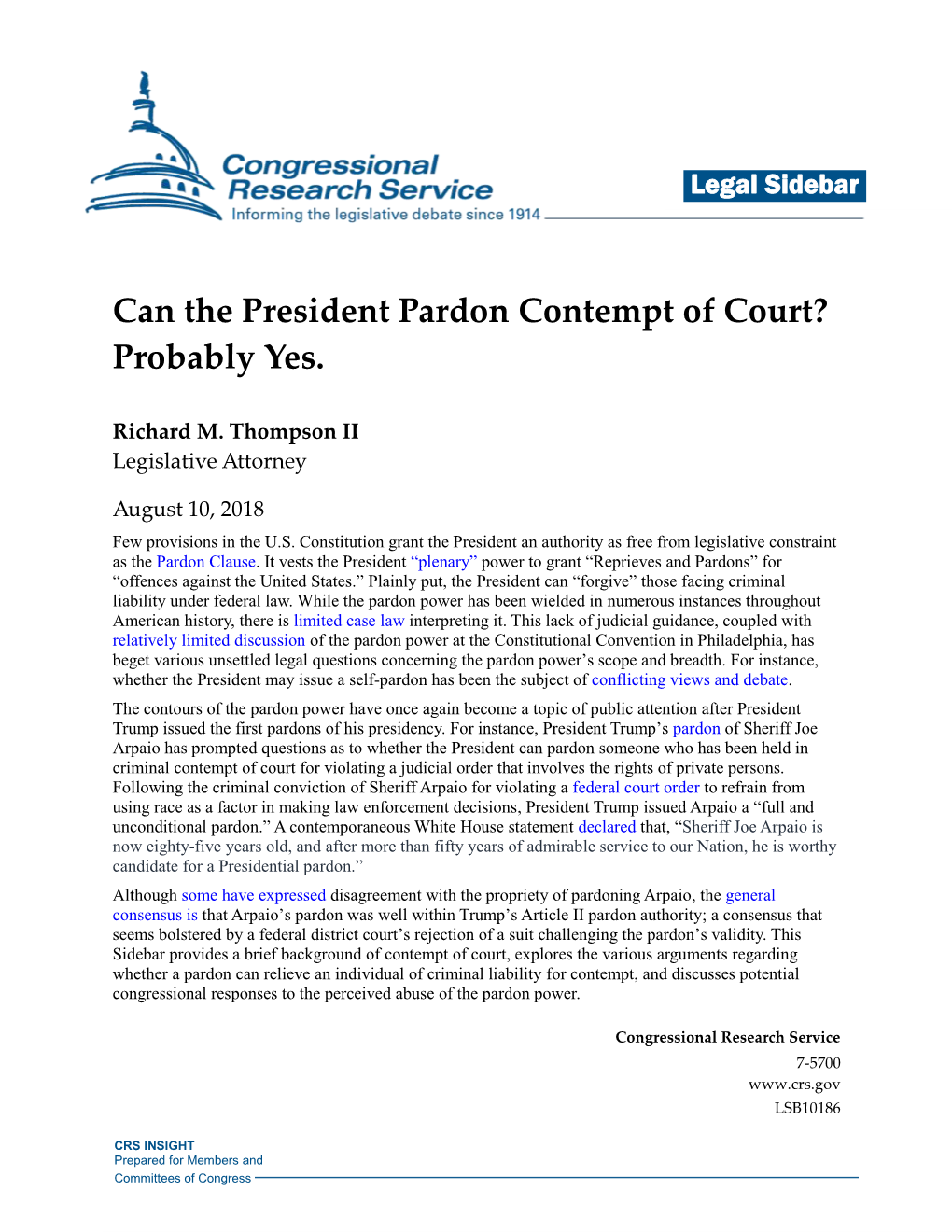 Can the President Pardon Contempt of Court? Probably Yes