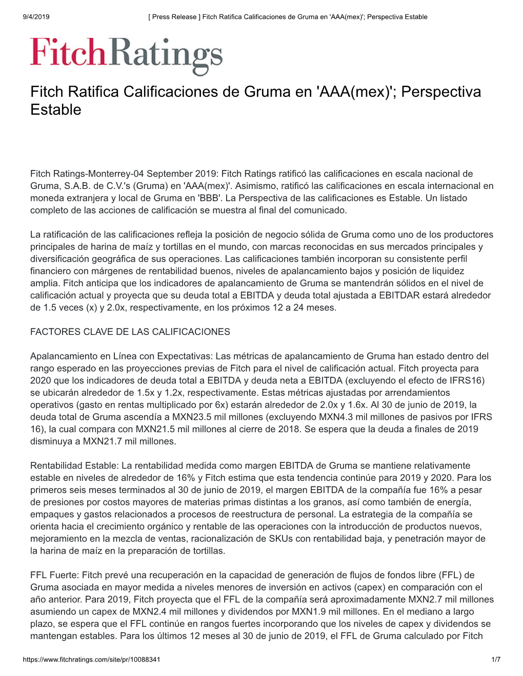 Fitch Ratifica Calificaciones De Gruma En 'AAA(Mex)'; Perspectiva Estable