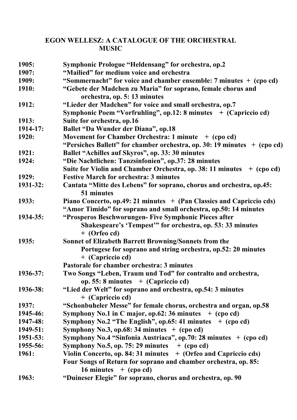 EGON WELLESZ: a CATALOGUE of the ORCHESTRAL MUSIC 1905: Symphonic Prologue “Heldensang” for Orchestra, Op.2 1907: “Maili