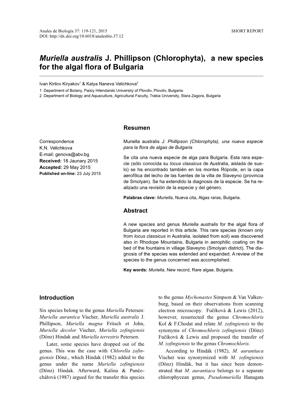 Muriella Australis J. Phillipson (Chlorophyta), a New Species for the Algal Flora of Bulgaria