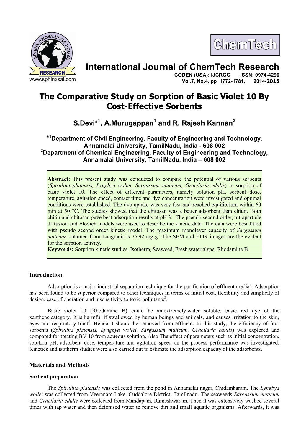 The Comparative Study on Sorption of Basic Violet 10 by Cost-Effective Sorbents