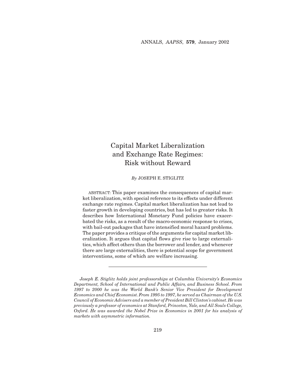 Capital Market Liberalization and Exchange Rate Regimes: Risk Without Reward