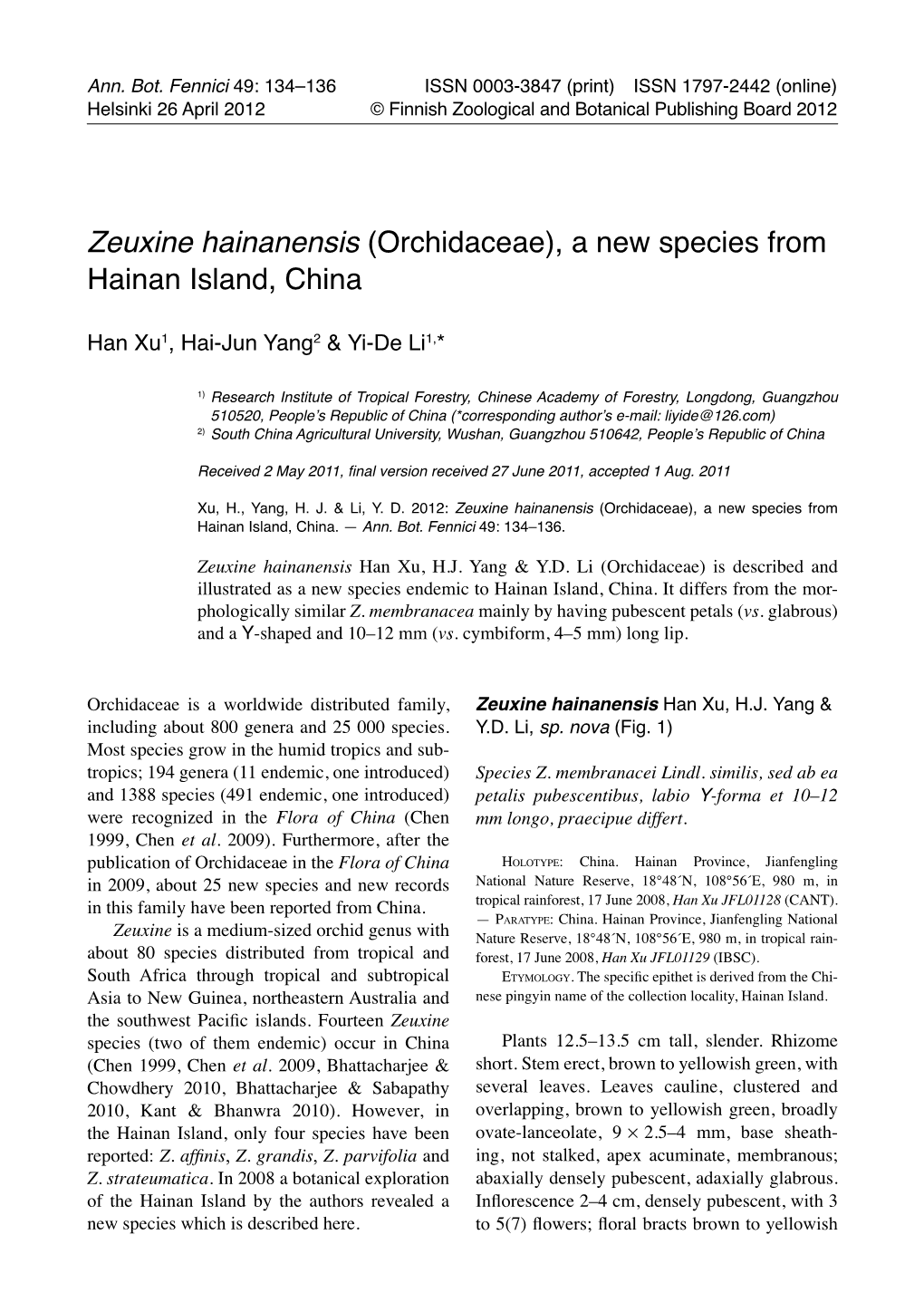 Zeuxine Hainanensis (Orchidaceae), a New Species from Hainan Island, China