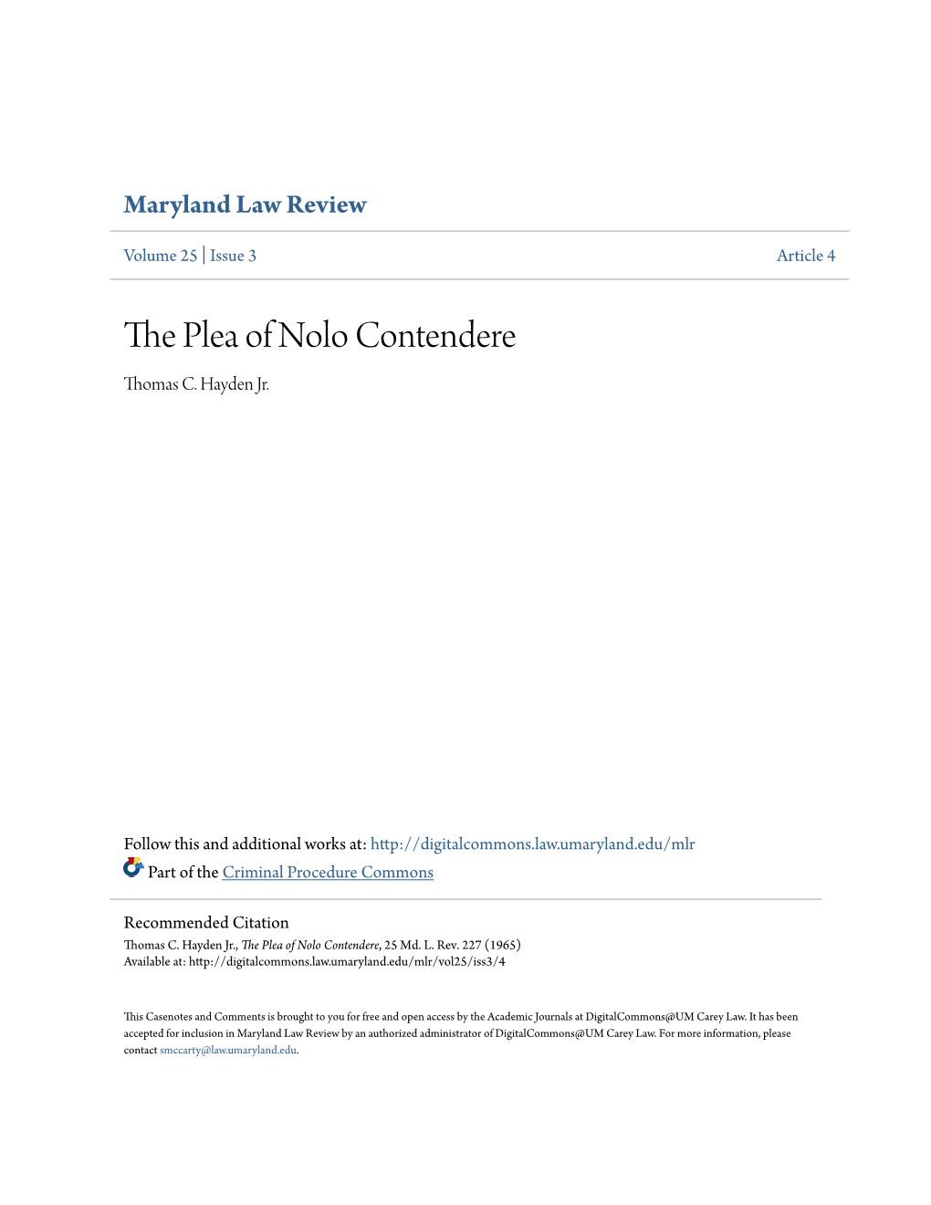 The Plea of Nolo Contendere, 25 Md