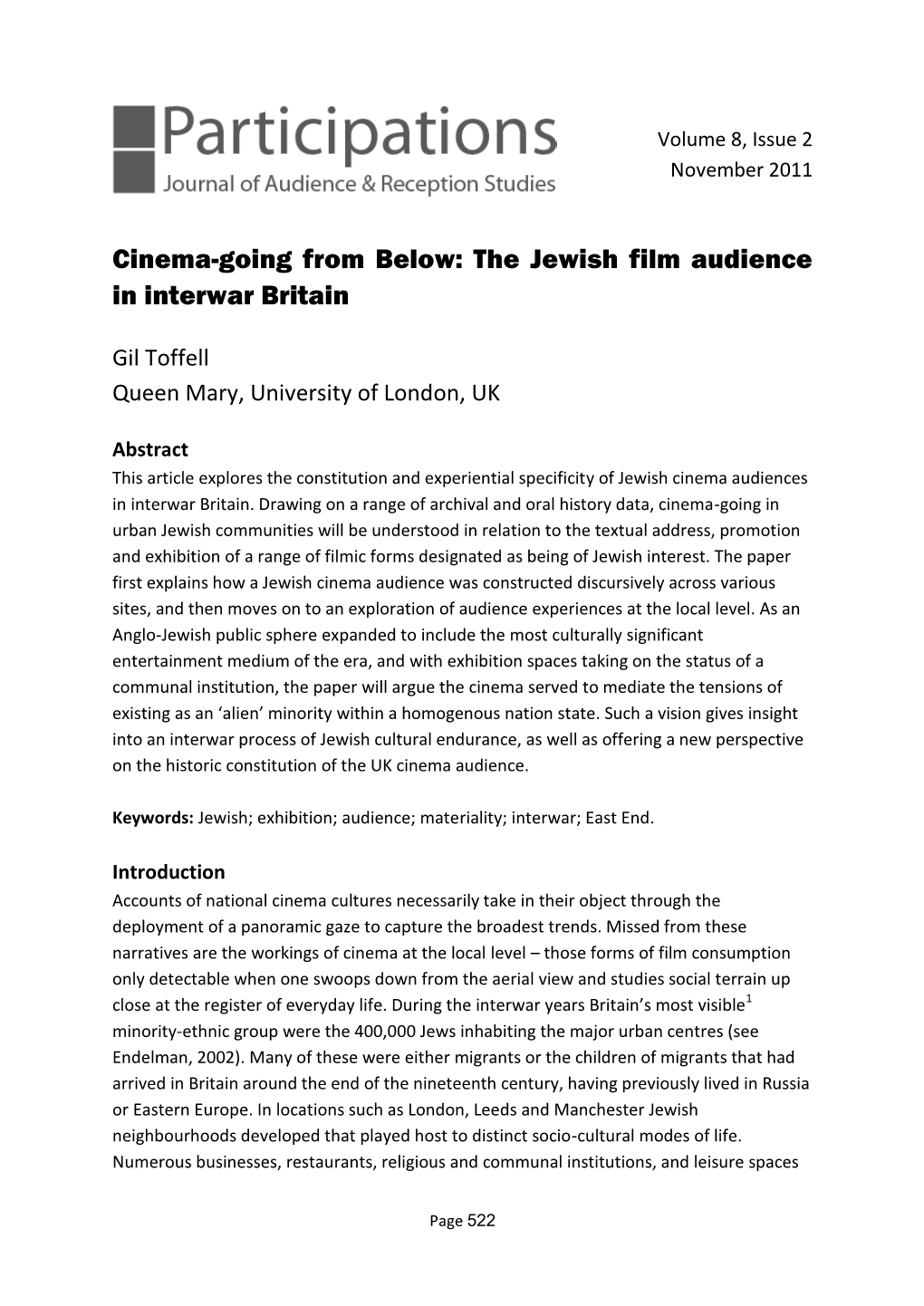 The Jewish Film Audience in Interwar Britain