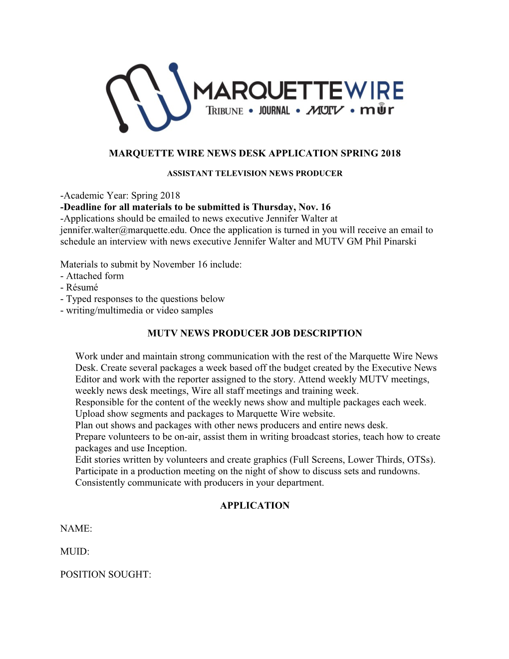 Marquette Wire News Desk Application Spring 2018