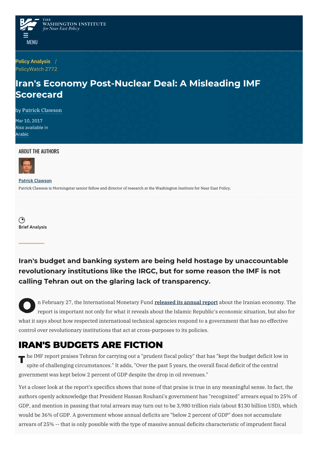 Iran's Economy Post-Nuclear Deal: a Misleading IMF Scorecard by Patrick Clawson