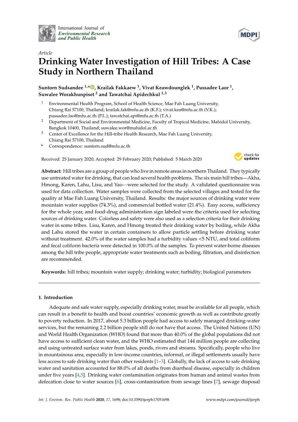 Drinking Water Investigation of Hill Tribes: a Case Study in Northern Thailand
