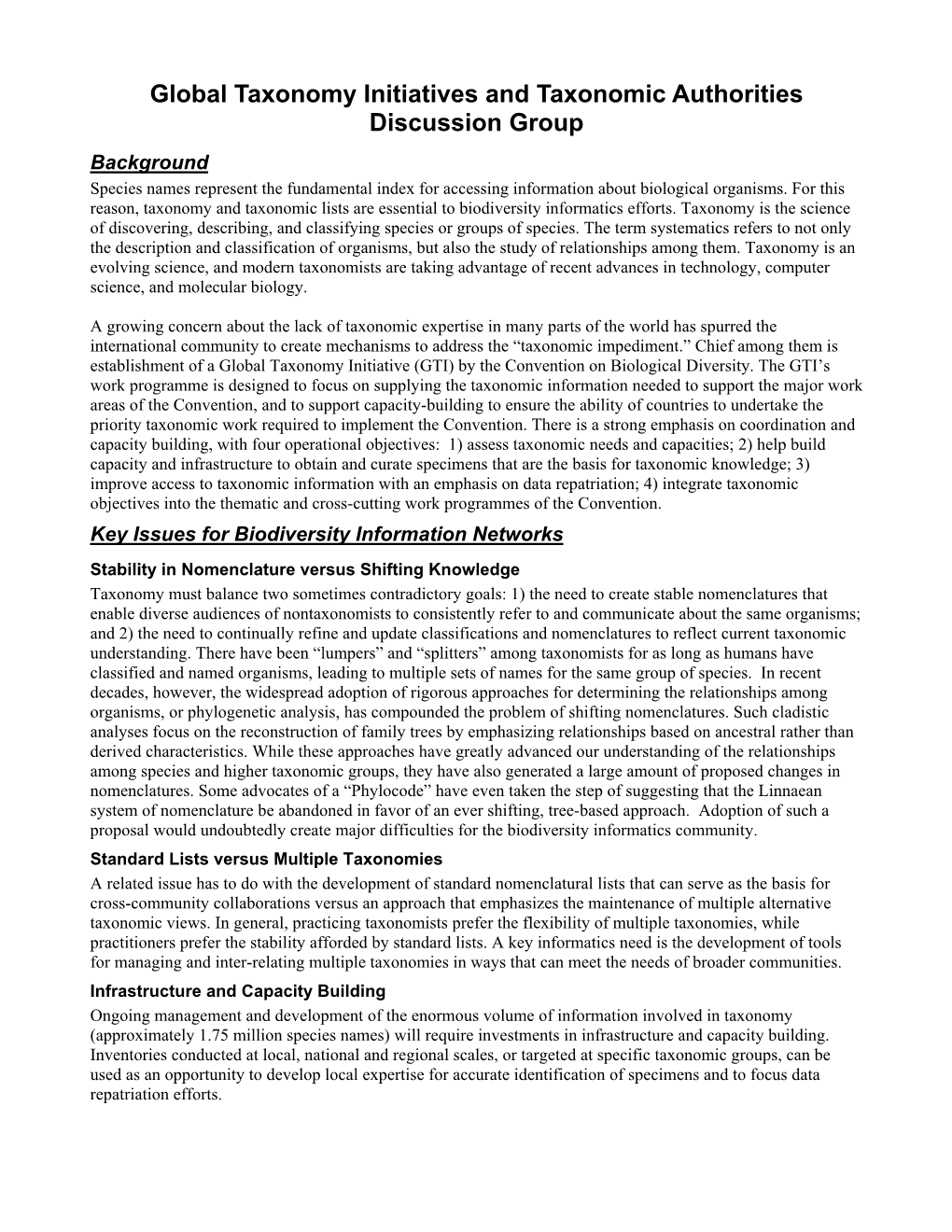 Global Taxonomy Initiatives and Taxonomic Authorities Discussion