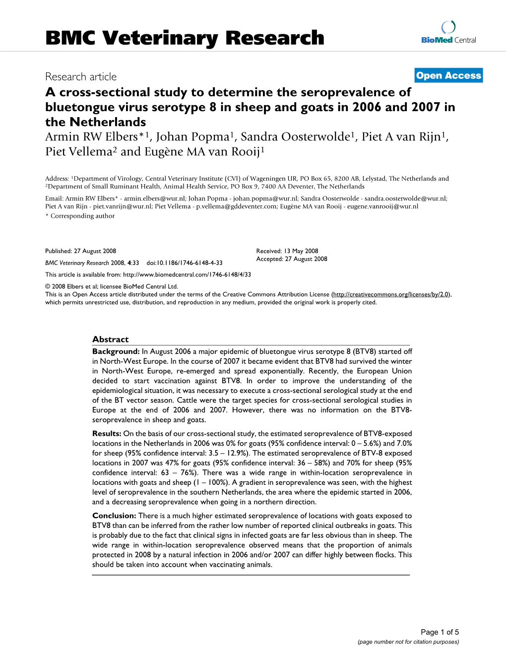 A Cross-Sectional Study to Determine the Seroprevalence of Bluetongue