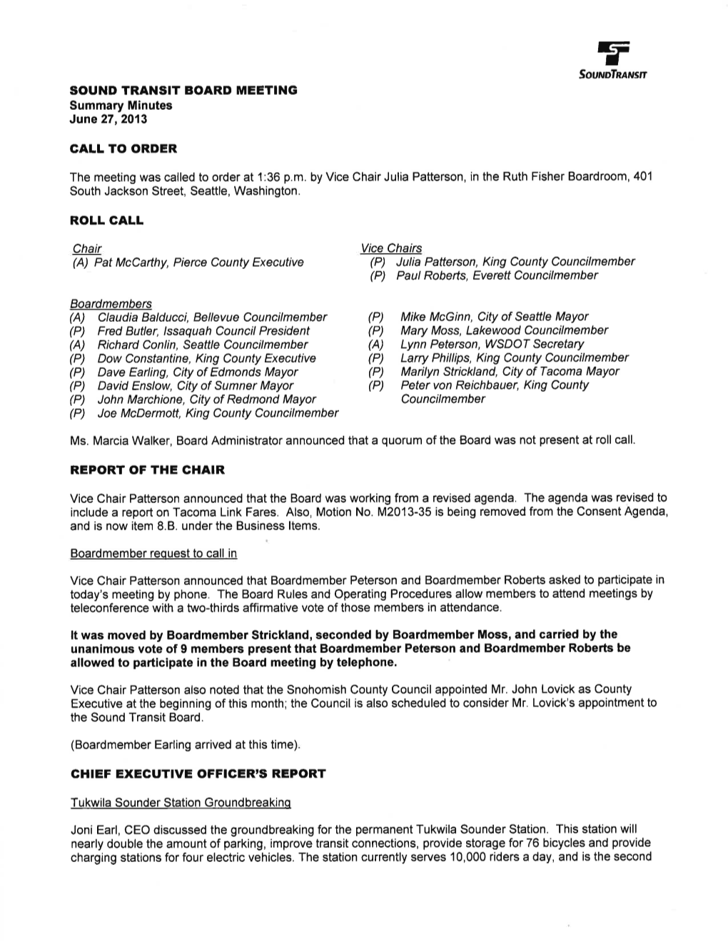 SOUND TRANSIT BOARD MEETING Summary Minutes June 27, 2013