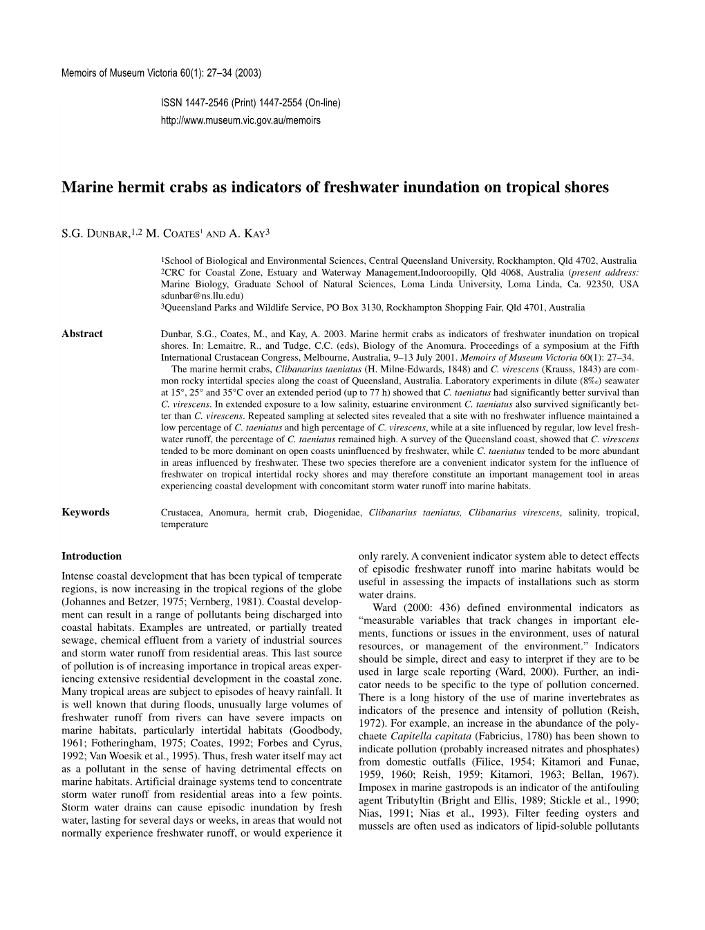 Marine Hermit Crabs As Indicators of Freshwater Inundation on Tropical Shores