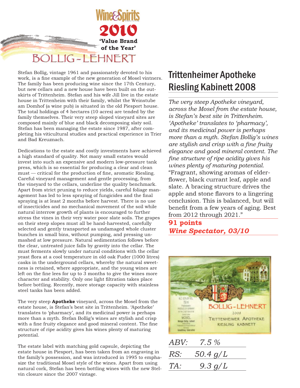 Trittenheimer Apotheke Riesling Kabinett 2008