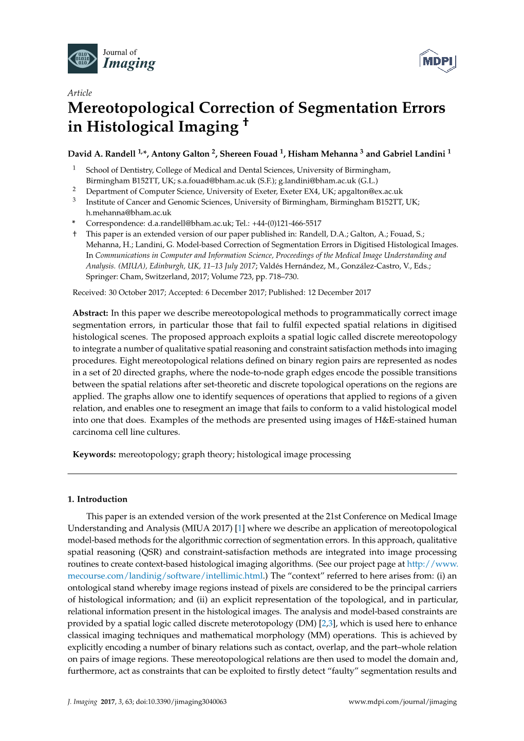 Mereotopological Correction of Segmentation Errors in Histological Imaging †