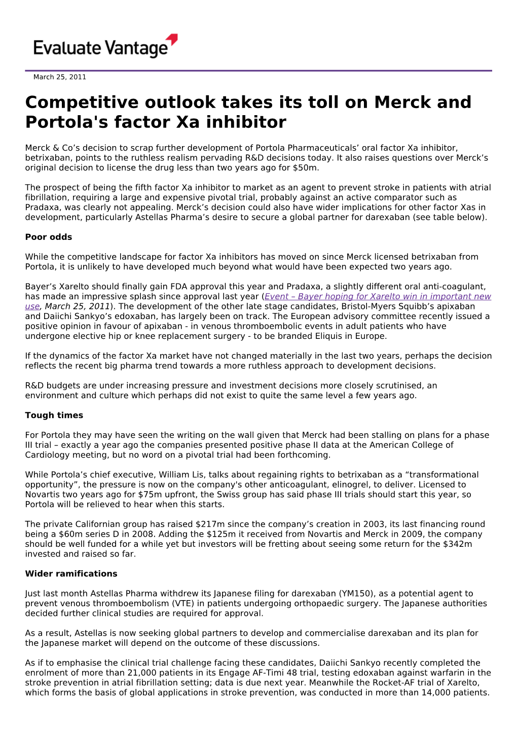 Competitive Outlook Takes Its Toll on Merck and Portola's Factor Xa Inhibitor