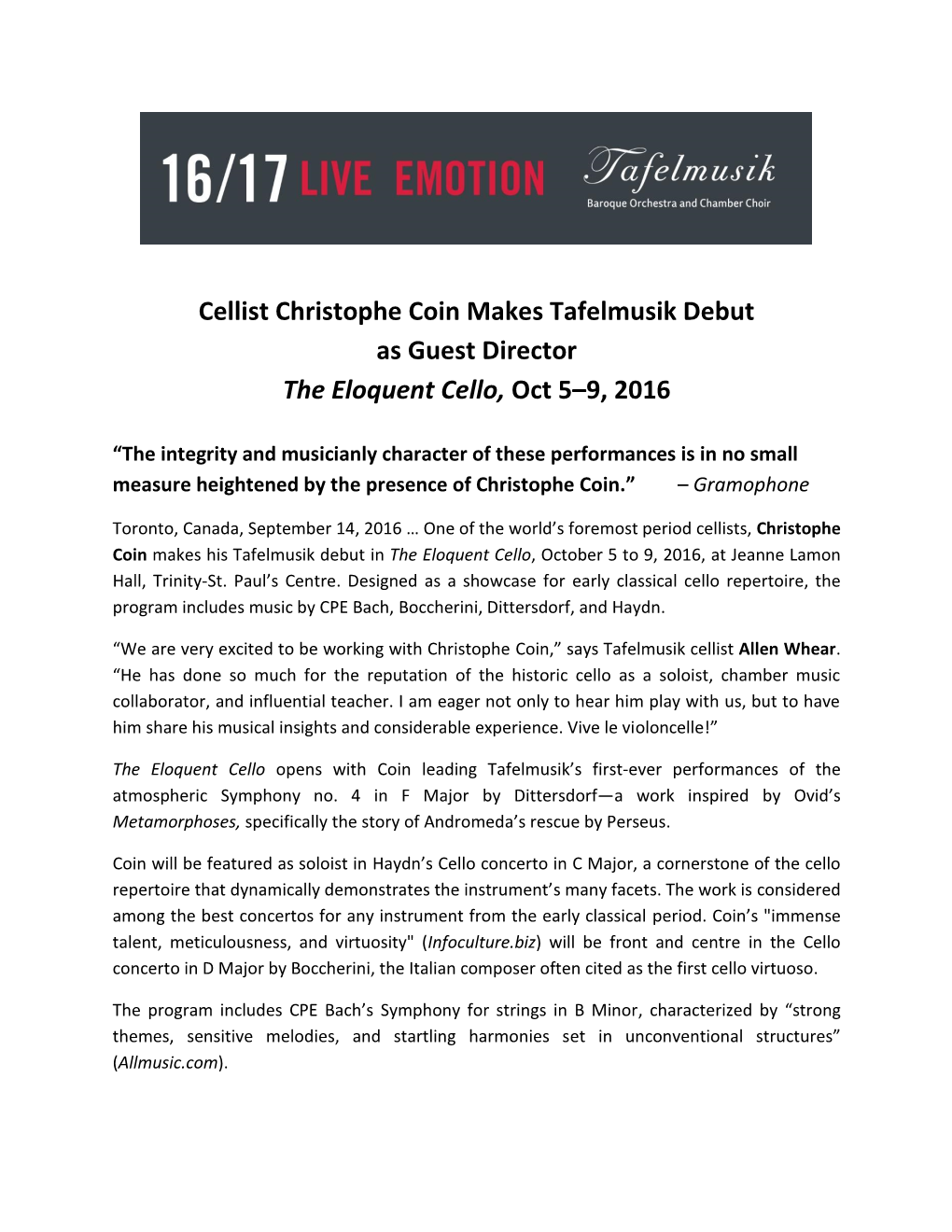 Cellist Christophe Coin Makes Tafelmusik Debut As Guest Director the Eloquent Cello, Oct 5–9, 2016