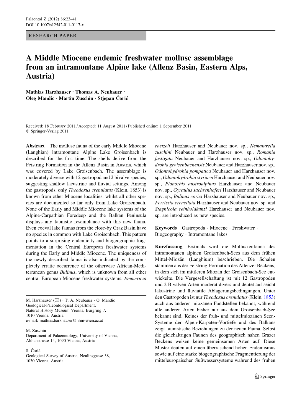 A Middle Miocene Endemic Freshwater Mollusc Assemblage from an Intramontane Alpine Lake (Aflenz Basin, Eastern Alps, Austria)