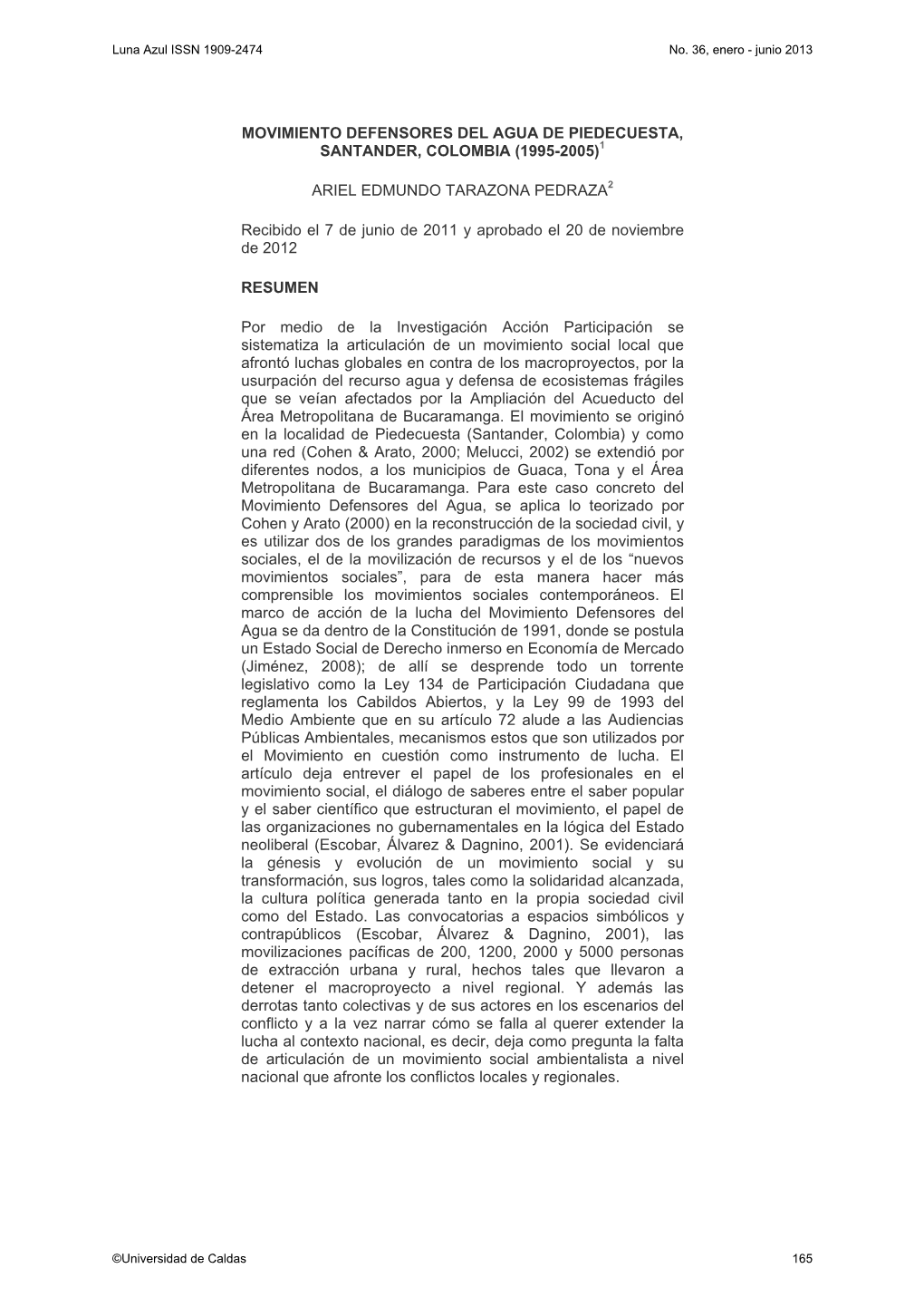 Movimiento Defensores Del Agua De Piedecuesta, Santander, Colombia (1995-2005)1