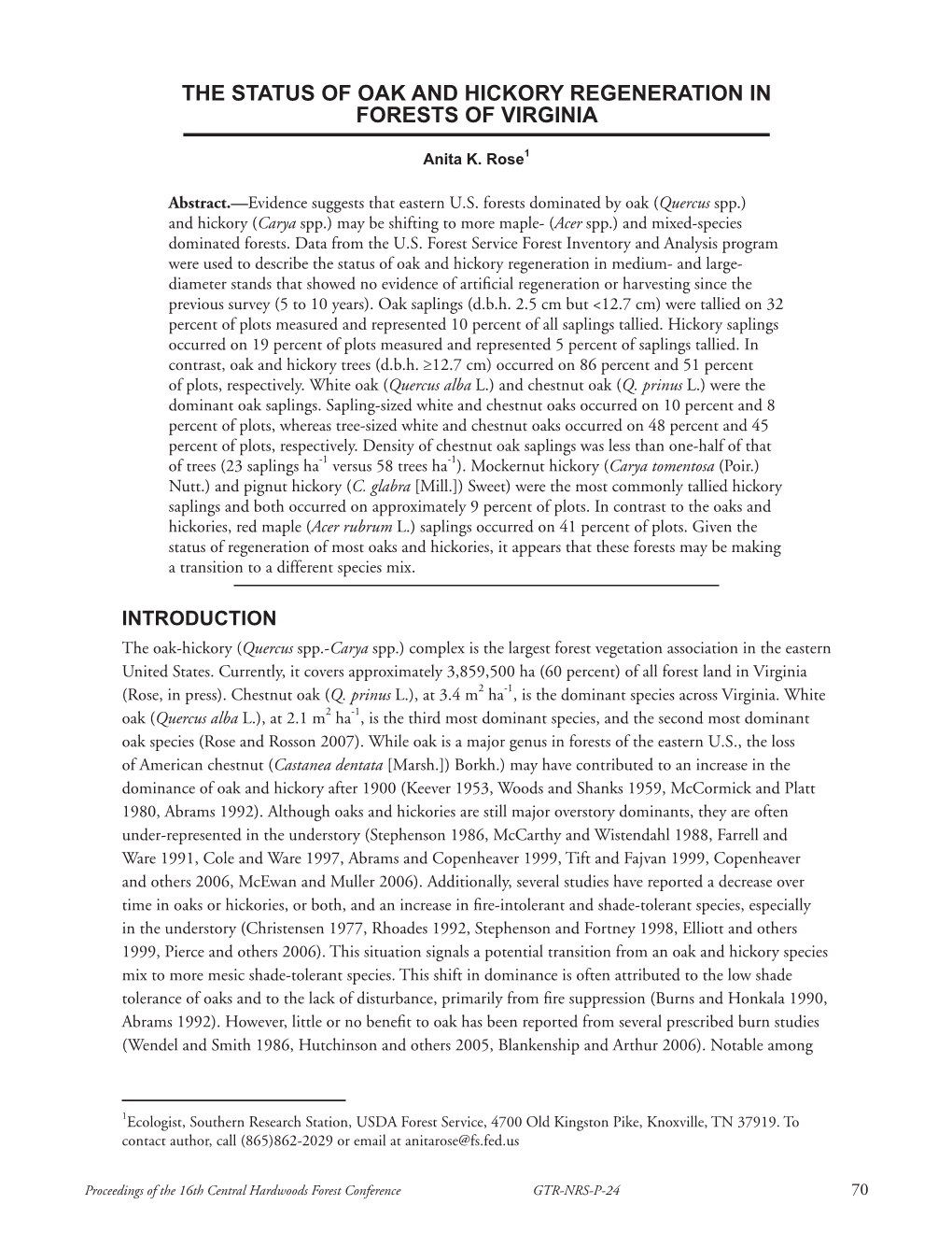 The Status of Oak and Hickory Regeneration in Forests of Virginia