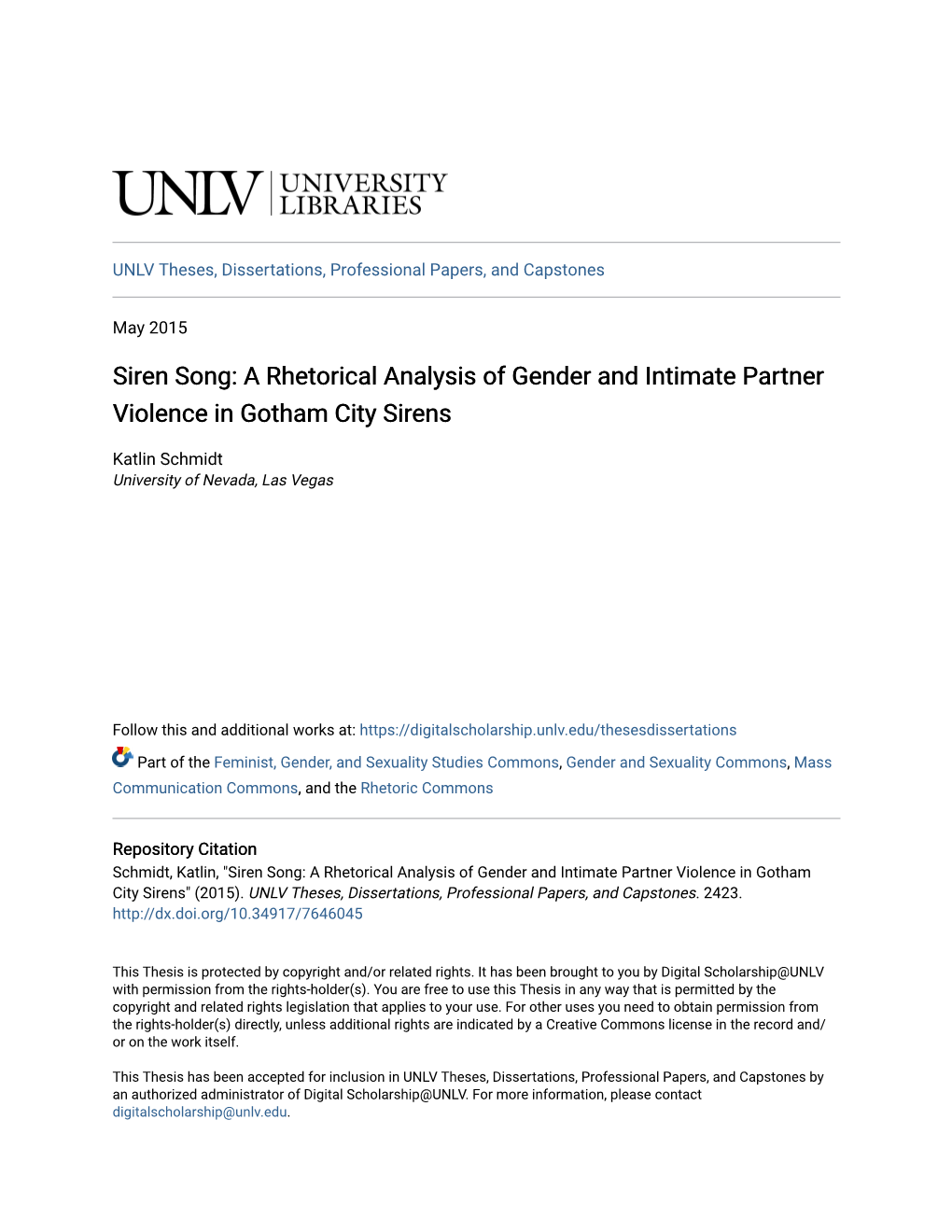 Siren Song: a Rhetorical Analysis of Gender and Intimate Partner Violence in Gotham City Sirens