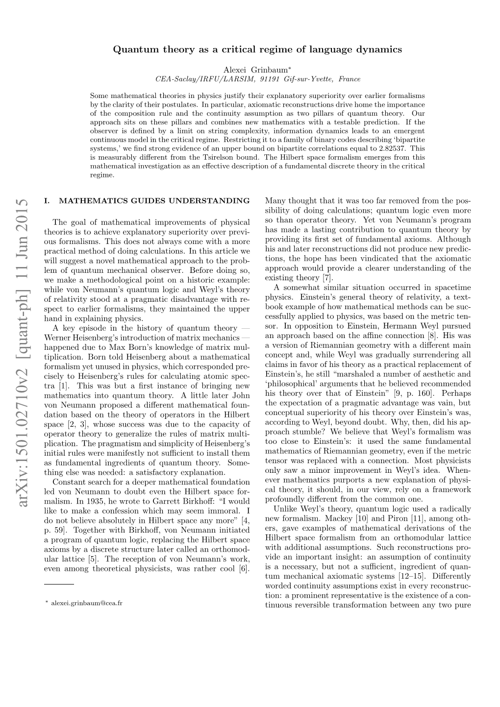 Quantum Theory As a Critical Regime of Language Dynamics